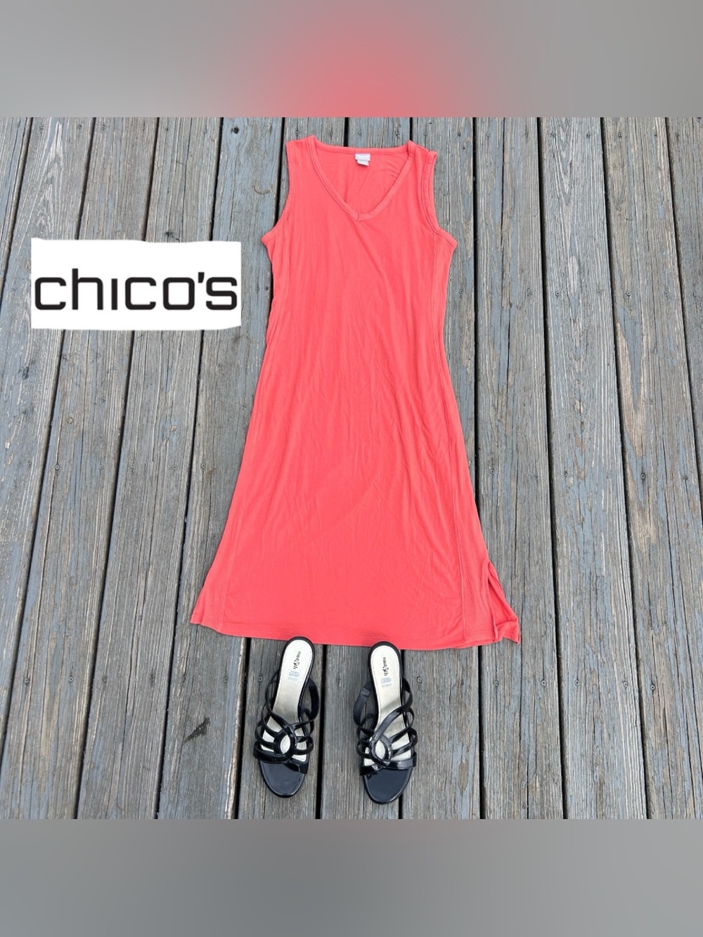 Chico's Zenergy Coral Pink Rib Trim V-Neck Midi Tank 45” Dress Size 1 M 8/10